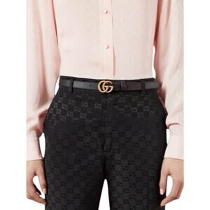Gucci GG Logo Buckle Marmont Thin Belt Black Smooth Leather Size 80cm/32"